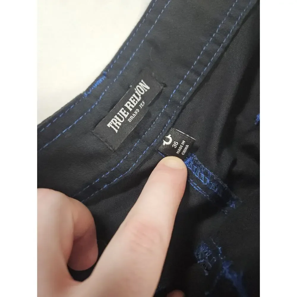 True Religion Cargo Pants Men's 36x32 Black w Blue Stitching MSRP $164